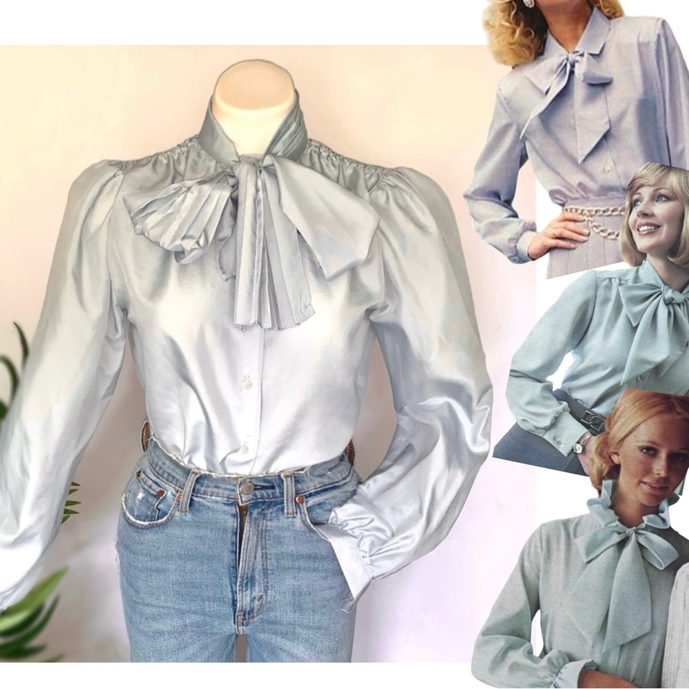 v i n t a g e :: Draped High Neck Tie Pleated Puff Sleeve Blouse